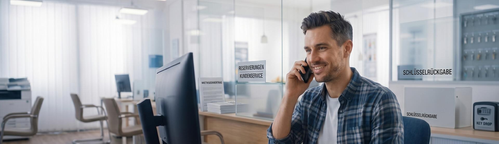 Ein Fuhrparkmanager und Kundenberater bei der Move Autovermietung GmbH in Moers sitzt an seinem B&uuml;roplatz und telefoniert mit seinem Smartphone.